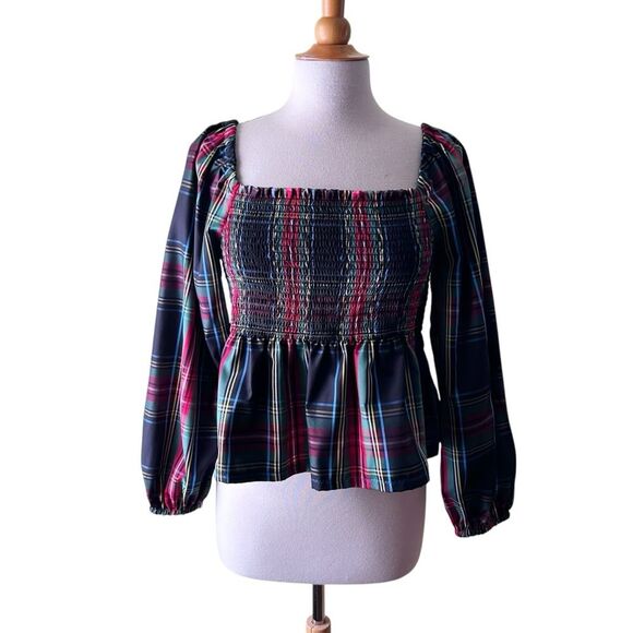 J. CREW Puff Sleeve Smocked Plaid Tartan Holiday Top Square Neck - XL - Picture 4 of 9